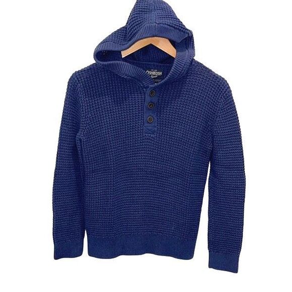 Oshkosh‎ B'gosh Kids Waffle Knit Quarter Button Hooded Sweater Navy Size 12/12A - Picture 1 of 7
